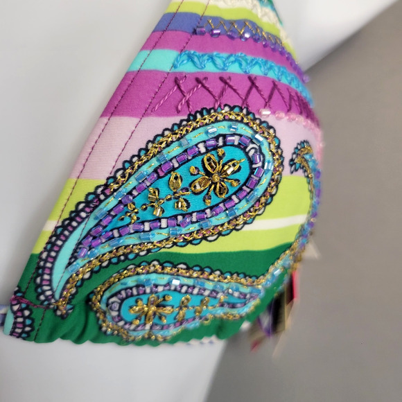 Cia Maritima Floral Bikini Top Womens Medium Embroidered Beaded Stripe Swimwear - Picture 4 of 12